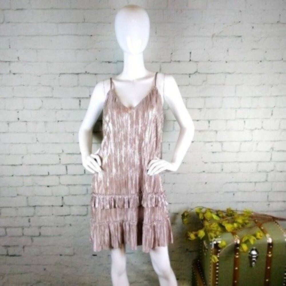 Lost + Wander Ruffle Trim Shift Dress Metallic Rose Silver Medium